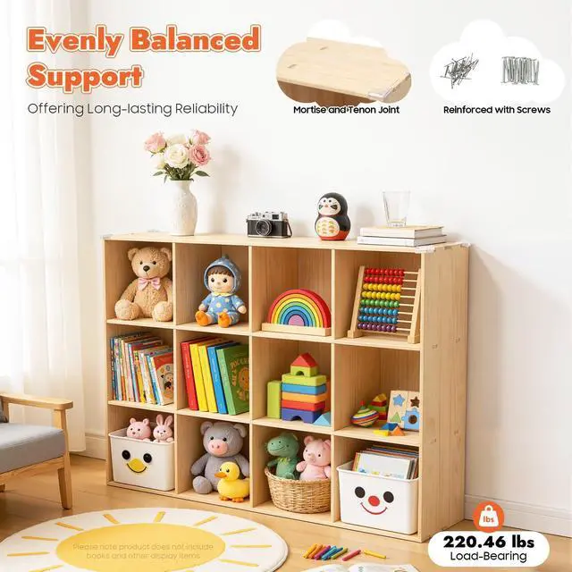 Alt view image 4 of 6 - 12 Cube Storage Organizer - Solid Wood Bookshelf - Cube Shelf - Vertical or Horizontal Bookcase - Open Book Shelf - Easy Assembly for Bedroom, Living Room, Office
