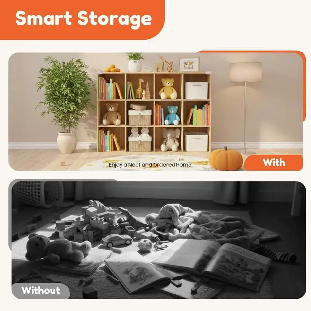 Alt view image 6 of 6 - 12 Cube Storage Organizer - Solid Wood Bookshelf - Cube Shelf - Vertical or Horizontal Bookcase - Open Book Shelf - Easy Assembly for Bedroom, Living Room, Office