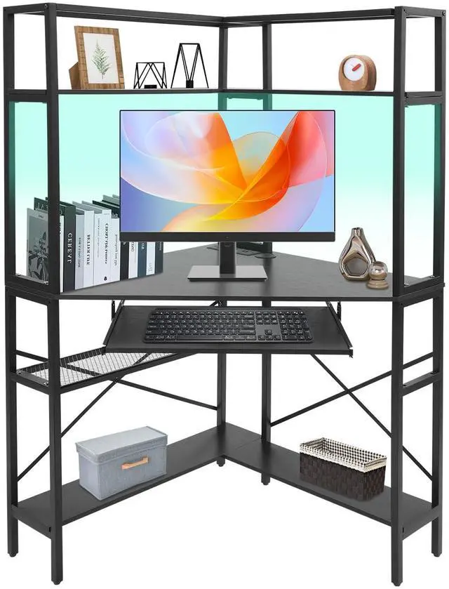 Main image of Corner Desk, Triangle Corner Computer Desk with Keyboard Tray and USB Ports, Small Computer Desk with Hutch and LED Lights ComputerDesk for Small Space, Home Office Desk, Black