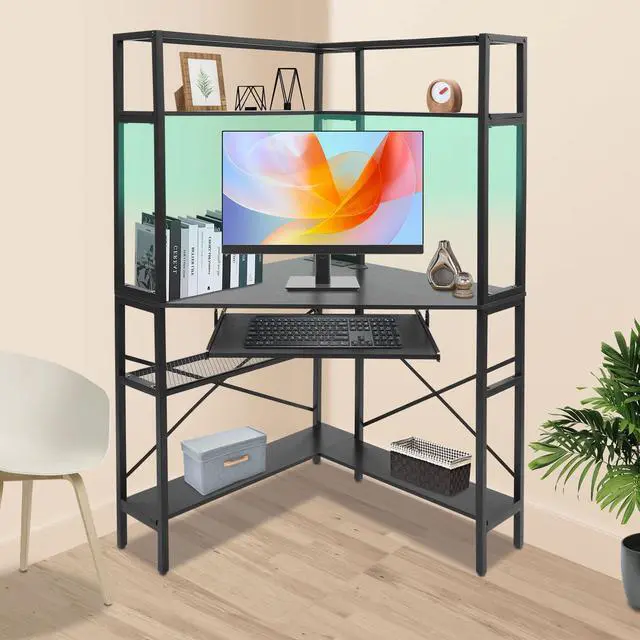 Alt view image 2 of 6 - Corner Desk, Triangle Corner Computer Desk with Keyboard Tray and USB Ports, Small Computer Desk with Hutch and LED Lights ComputerDesk for Small Space, Home Office Desk, Black