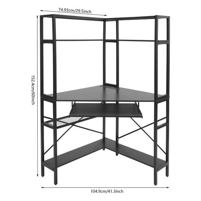 Alt view image 3 of 6 - Corner Desk, Triangle Corner Computer Desk with Keyboard Tray and USB Ports, Small Computer Desk with Hutch and LED Lights ComputerDesk for Small Space, Home Office Desk, Black