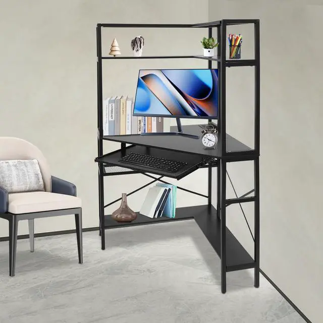 Alt view image 4 of 6 - Corner Desk, Triangle Corner Computer Desk with Keyboard Tray and USB Ports, Small Computer Desk with Hutch and LED Lights ComputerDesk for Small Space, Home Office Desk, Black