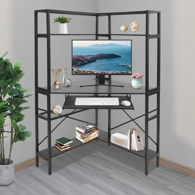 Alt view image 5 of 6 - Corner Desk, Triangle Corner Computer Desk with Keyboard Tray and USB Ports, Small Computer Desk with Hutch and LED Lights ComputerDesk for Small Space, Home Office Desk, Black