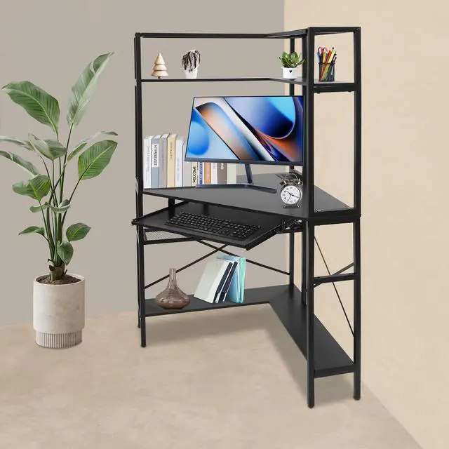 Alt view image 6 of 6 - Corner Desk, Triangle Corner Computer Desk with Keyboard Tray and USB Ports, Small Computer Desk with Hutch and LED Lights ComputerDesk for Small Space, Home Office Desk, Black