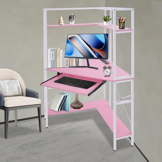 Alt view image 2 of 6 - Corner Desk, Triangle Corner Computer Desk with 2 USB Ports and 2 AC sockets, Small Computer Desk with Hutch and LED Lights ComputerDesk for Small Space, Home Office Desk, Pink