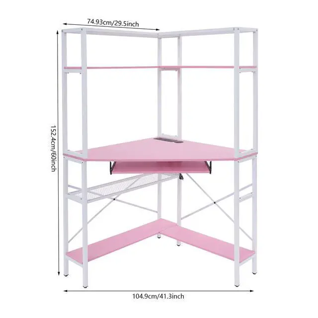 Alt view image 3 of 6 - Corner Desk, Triangle Corner Computer Desk with 2 USB Ports and 2 AC sockets, Small Computer Desk with Hutch and LED Lights ComputerDesk for Small Space, Home Office Desk, Pink