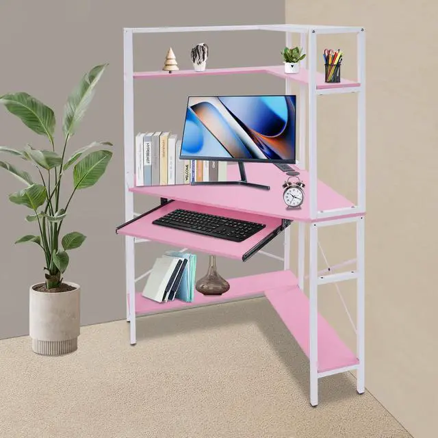 Alt view image 4 of 6 - Corner Desk, Triangle Corner Computer Desk with 2 USB Ports and 2 AC sockets, Small Computer Desk with Hutch and LED Lights ComputerDesk for Small Space, Home Office Desk, Pink