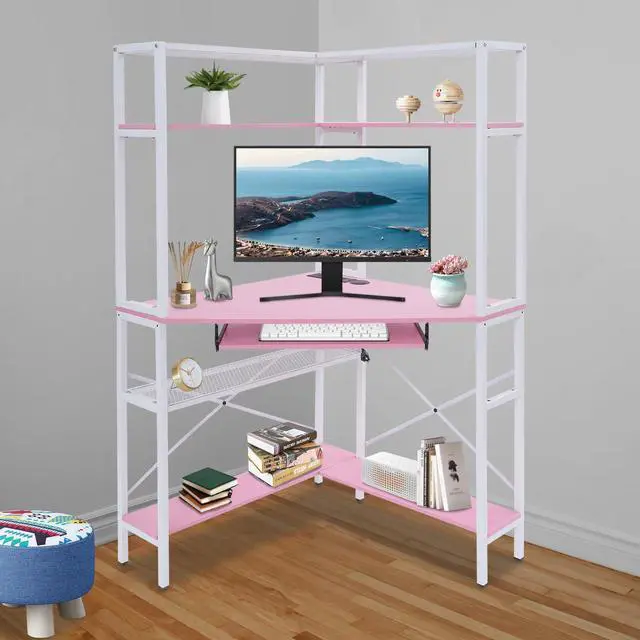 Alt view image 5 of 6 - Corner Desk, Triangle Corner Computer Desk with 2 USB Ports and 2 AC sockets, Small Computer Desk with Hutch and LED Lights ComputerDesk for Small Space, Home Office Desk, Pink