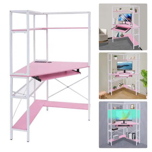 Alt view image 6 of 6 - Corner Desk, Triangle Corner Computer Desk with 2 USB Ports and 2 AC sockets, Small Computer Desk with Hutch and LED Lights ComputerDesk for Small Space, Home Office Desk, Pink