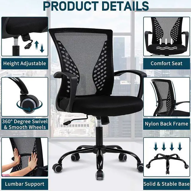 Alt view image 4 of 6 - Ergonomic Office Chair Clearance Mid Back Mesh Chair with Lumbar Support and Armrest Adjustable Computer Chair Study Chair Rolling Task Chair Modern Executive Chair, Black