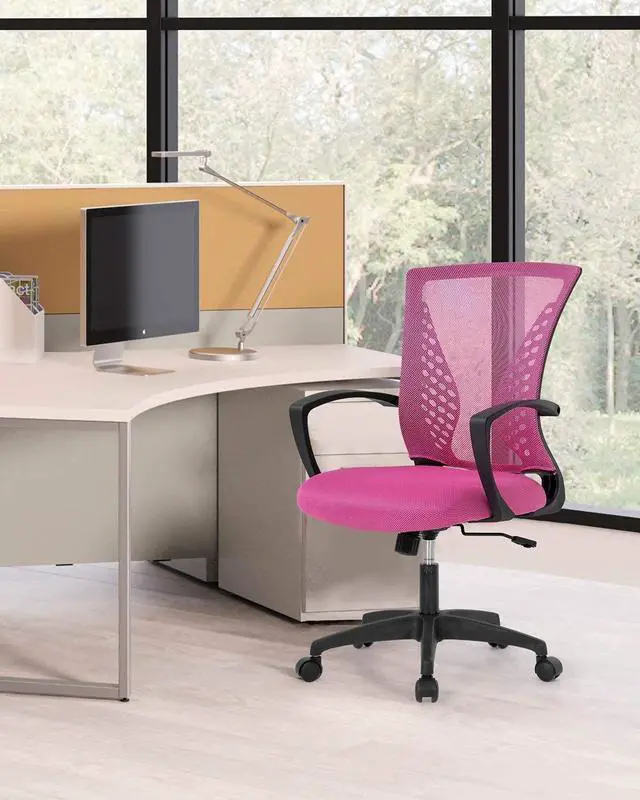Alt view image 2 of 6 - Office Chair Clearance Mid Back Mesh Chair with Ergonomic Lumbar Support and Armrest Adjustable Computer Chair Study Desk Chair Swivel Rolling Task Chair Modern Cheap Executive Chair (Pink)