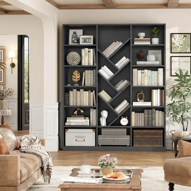Alt view image 2 of 6 - 71" Bookcase, 6 Tier Large Bookshelf with Storage, Floor Standing Display Storage Shelves, Modern Tall Floor Standing Book Shelf for Living Room, Black