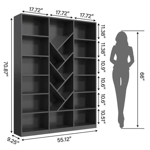 Alt view image 3 of 6 - 71" Bookcase, 6 Tier Large Bookshelf with Storage, Floor Standing Display Storage Shelves, Modern Tall Floor Standing Book Shelf for Living Room, Black