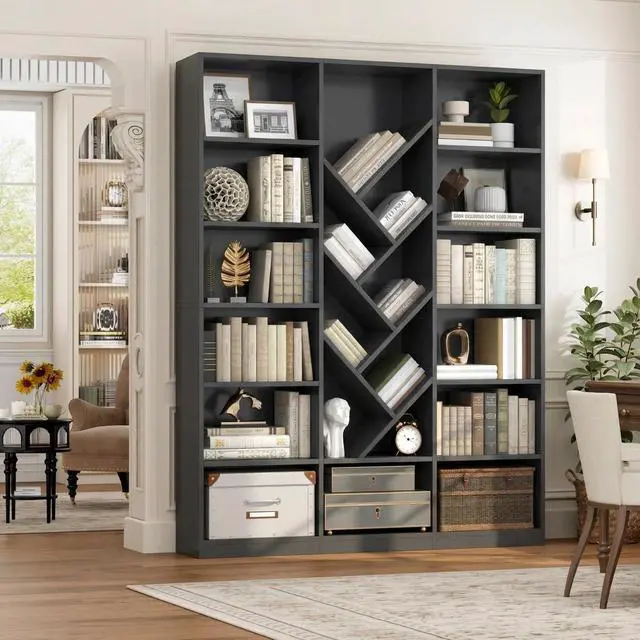 Alt view image 4 of 6 - 71" Bookcase, 6 Tier Large Bookshelf with Storage, Floor Standing Display Storage Shelves, Modern Tall Floor Standing Book Shelf for Living Room, Black