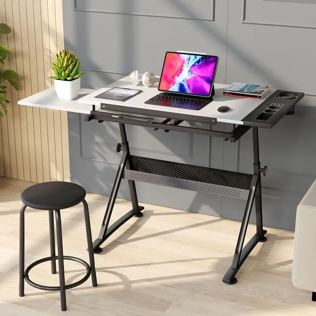 Alt view image 2 of 6 - Adjustable Height Drafting Table with Wood Top, Art Craft Desk with Slide-Out Drawers, Storage, for Drawing, Writing, Painting, and Creative Tasks, Ideal for Home Office, White