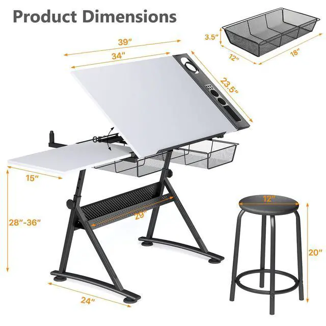 Alt view image 3 of 6 - Adjustable Height Drafting Table with Wood Top, Art Craft Desk with Slide-Out Drawers, Storage, for Drawing, Writing, Painting, and Creative Tasks, Ideal for Home Office, White