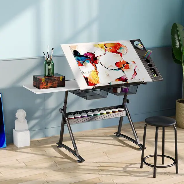 Alt view image 4 of 6 - Adjustable Height Drafting Table with Wood Top, Art Craft Desk with Slide-Out Drawers, Storage, for Drawing, Writing, Painting, and Creative Tasks, Ideal for Home Office, White