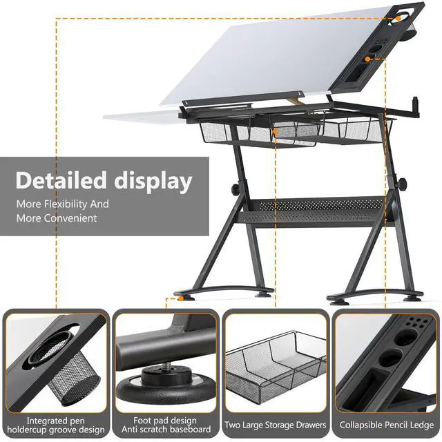 Alt view image 5 of 6 - Adjustable Height Drafting Table with Wood Top, Art Craft Desk with Slide-Out Drawers, Storage, for Drawing, Writing, Painting, and Creative Tasks, Ideal for Home Office, White