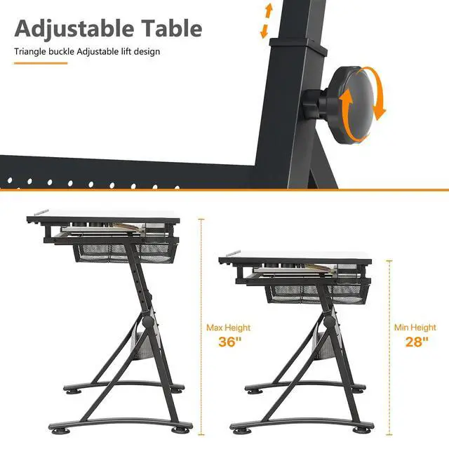 Alt view image 6 of 6 - Adjustable Height Drafting Table with Wood Top, Art Craft Desk with Slide-Out Drawers, Storage, for Drawing, Writing, Painting, and Creative Tasks, Ideal for Home Office, White