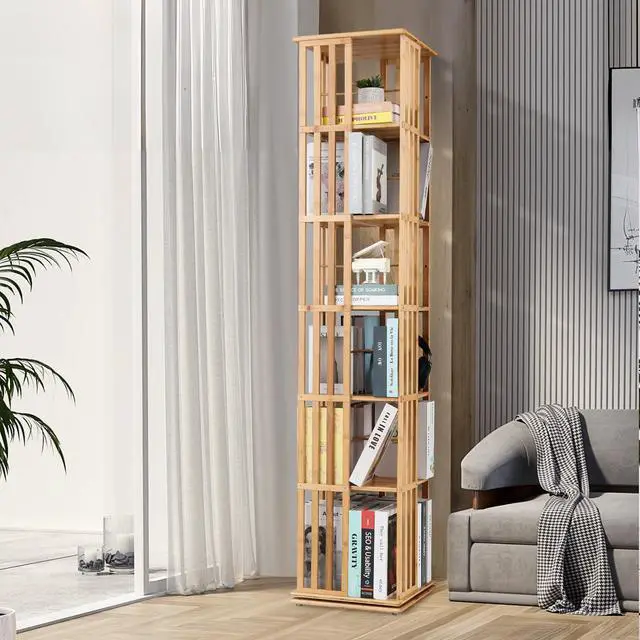 Alt view image 2 of 6 - Rotating Bookshelf, 6-Tier Freestanding Corner Bookshelf Tower, 360° Bamboo Revolving Bookcase, Narrow Spinning Book Shelf for Living Room, Bedroom, Office, Natural
