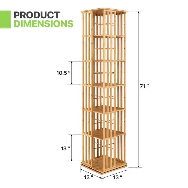 Alt view image 3 of 6 - Rotating Bookshelf, 6-Tier Freestanding Corner Bookshelf Tower, 360° Bamboo Revolving Bookcase, Narrow Spinning Book Shelf for Living Room, Bedroom, Office, Natural