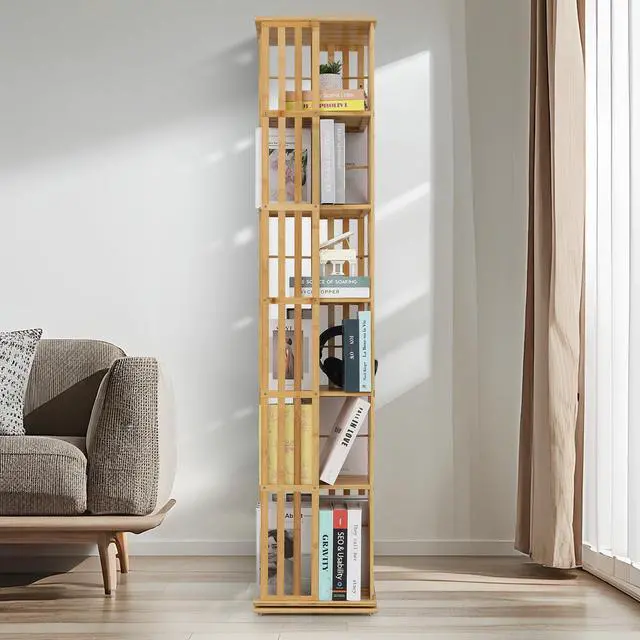 Alt view image 4 of 6 - Rotating Bookshelf, 6-Tier Freestanding Corner Bookshelf Tower, 360° Bamboo Revolving Bookcase, Narrow Spinning Book Shelf for Living Room, Bedroom, Office, Natural