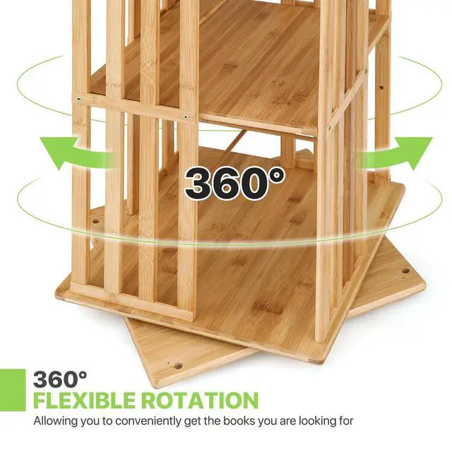 Alt view image 6 of 6 - Rotating Bookshelf, 6-Tier Freestanding Corner Bookshelf Tower, 360° Bamboo Revolving Bookcase, Narrow Spinning Book Shelf for Living Room, Bedroom, Office, Natural