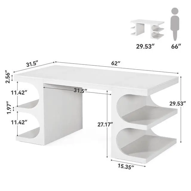 Alt view image 2 of 6 - 62.2-Inch Executive Desk, Modern Home Office Desks, Office Table with Storage Shelves for Workspace, Large Computer Desk, Long Contemporary Writing Desk, White