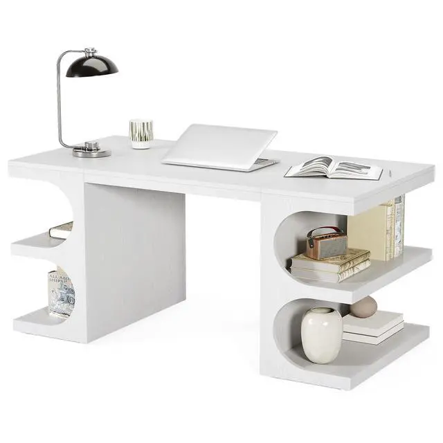 Alt view image 3 of 6 - 62.2-Inch Executive Desk, Modern Home Office Desks, Office Table with Storage Shelves for Workspace, Large Computer Desk, Long Contemporary Writing Desk, White