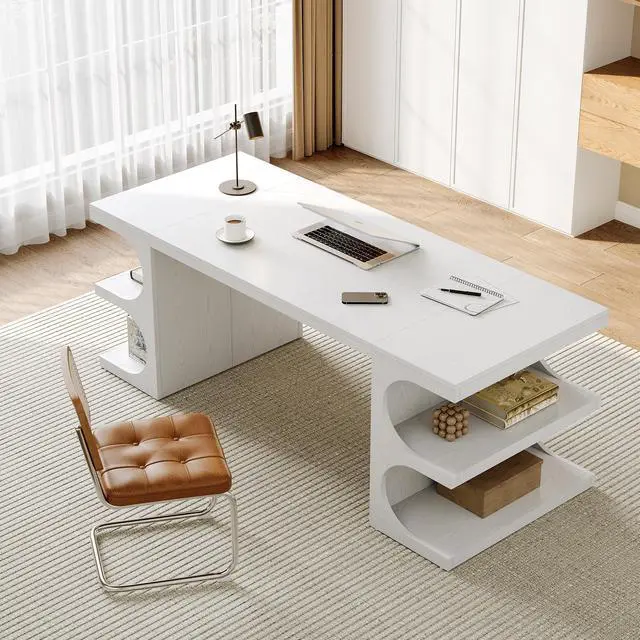 Alt view image 4 of 6 - 62.2-Inch Executive Desk, Modern Home Office Desks, Office Table with Storage Shelves for Workspace, Large Computer Desk, Long Contemporary Writing Desk, White