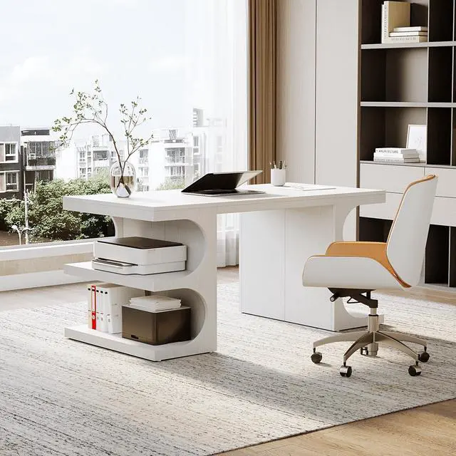 Alt view image 5 of 6 - 62.2-Inch Executive Desk, Modern Home Office Desks, Office Table with Storage Shelves for Workspace, Large Computer Desk, Long Contemporary Writing Desk, White