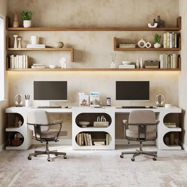 Alt view image 6 of 6 - 62.2-Inch Executive Desk, Modern Home Office Desks, Office Table with Storage Shelves for Workspace, Large Computer Desk, Long Contemporary Writing Desk, White