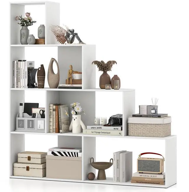 Main image of 6 Cube Geometric Bookshelf White, 4-Tier L-Shaped Bookcase with Cubes, Freestanding Ladder Corner Display Shelf w/Anti-Toppling Kits, Modern Etagere Bookshelf for Living Room, Bedroom