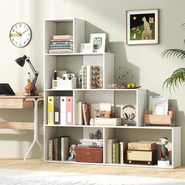 Alt view image 2 of 6 - 6 Cube Geometric Bookshelf White, 4-Tier L-Shaped Bookcase with Cubes, Freestanding Ladder Corner Display Shelf w/Anti-Toppling Kits, Modern Etagere Bookshelf for Living Room, Bedroom