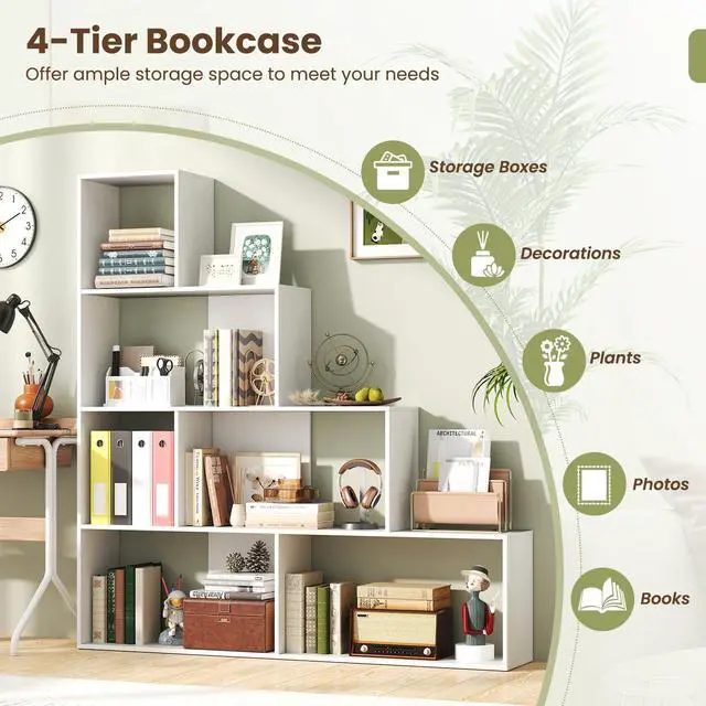 Alt view image 4 of 6 - 6 Cube Geometric Bookshelf White, 4-Tier L-Shaped Bookcase with Cubes, Freestanding Ladder Corner Display Shelf w/Anti-Toppling Kits, Modern Etagere Bookshelf for Living Room, Bedroom