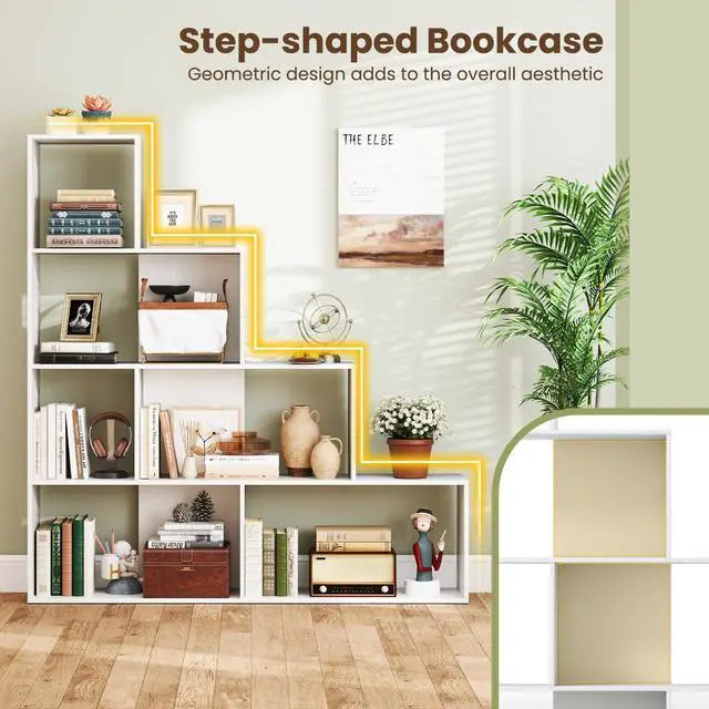 Alt view image 5 of 6 - 6 Cube Geometric Bookshelf White, 4-Tier L-Shaped Bookcase with Cubes, Freestanding Ladder Corner Display Shelf w/Anti-Toppling Kits, Modern Etagere Bookshelf for Living Room, Bedroom