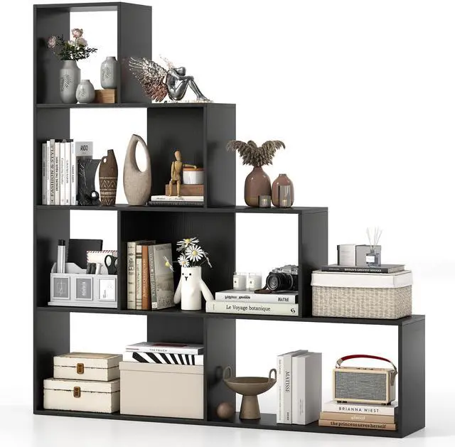 Main image of 6 Cube Geometric Bookshelf, 4-Tier L-Shaped Bookcase with Cubes, Freestanding Ladder Corner Display Shelf w/Anti-Toppling Kits, Modern Etagere Bookshelf for Living Room, Bedroom (Black)