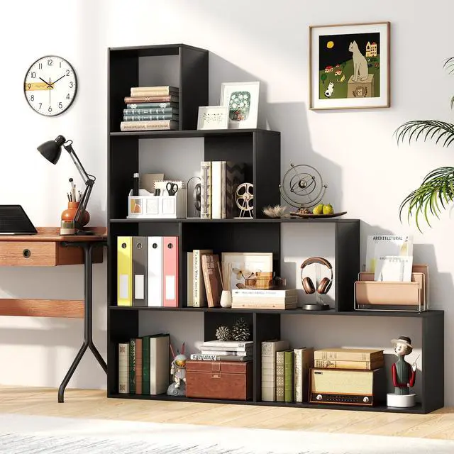 Alt view image 2 of 6 - 6 Cube Geometric Bookshelf, 4-Tier L-Shaped Bookcase with Cubes, Freestanding Ladder Corner Display Shelf w/Anti-Toppling Kits, Modern Etagere Bookshelf for Living Room, Bedroom (Black)
