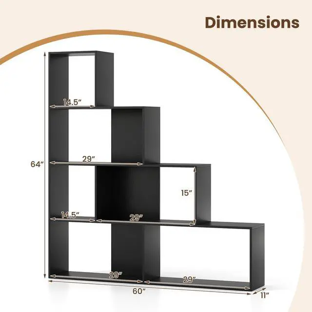 Alt view image 3 of 6 - 6 Cube Geometric Bookshelf, 4-Tier L-Shaped Bookcase with Cubes, Freestanding Ladder Corner Display Shelf w/Anti-Toppling Kits, Modern Etagere Bookshelf for Living Room, Bedroom (Black)