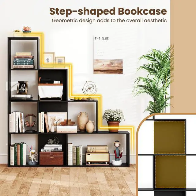 Alt view image 4 of 6 - 6 Cube Geometric Bookshelf, 4-Tier L-Shaped Bookcase with Cubes, Freestanding Ladder Corner Display Shelf w/Anti-Toppling Kits, Modern Etagere Bookshelf for Living Room, Bedroom (Black)