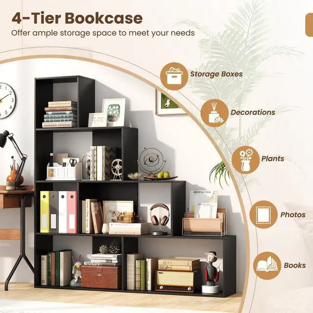Alt view image 5 of 6 - 6 Cube Geometric Bookshelf, 4-Tier L-Shaped Bookcase with Cubes, Freestanding Ladder Corner Display Shelf w/Anti-Toppling Kits, Modern Etagere Bookshelf for Living Room, Bedroom (Black)