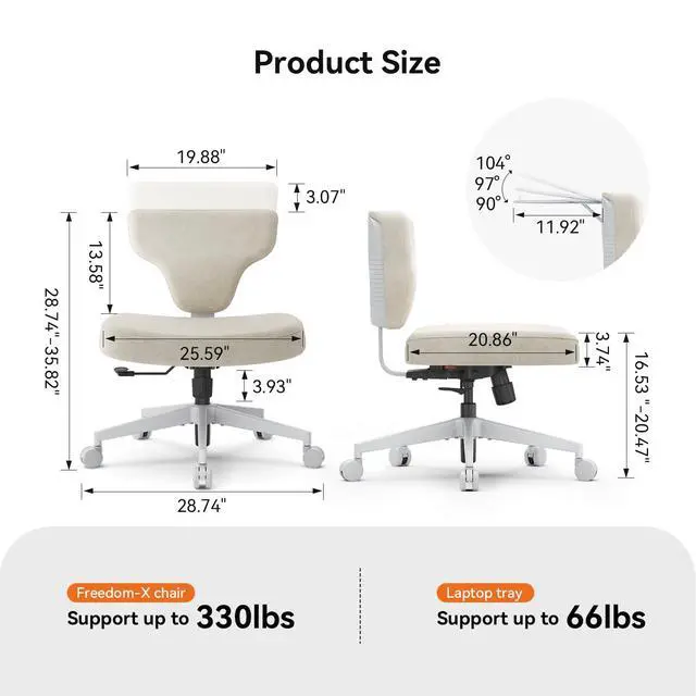 Alt view image 2 of 6 - Freedom-X Criss Cross Legged Chair, Adjustable Laptop Tray for Work & Relax (Apricot, Oversized)