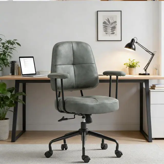 Main image of Home Office Chair, Upholstered Desk Chair with Armrests, Mid Century Modern Comfy Computer Chair with Wheels, Adjustable Faux Leather Desk Chair for Home Office, Green