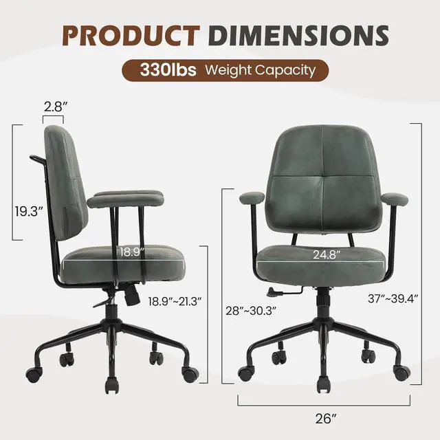 Alt view image 2 of 6 - Home Office Chair, Upholstered Desk Chair with Armrests, Mid Century Modern Comfy Computer Chair with Wheels, Adjustable Faux Leather Desk Chair for Home Office, Green