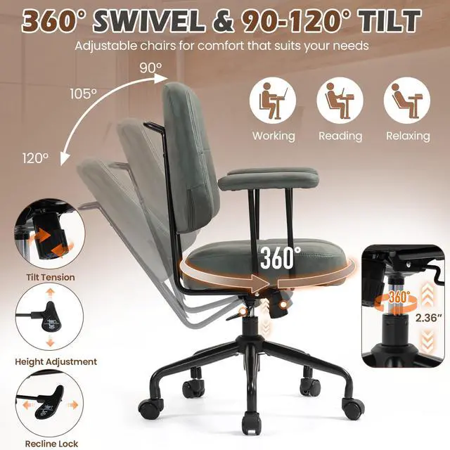 Alt view image 3 of 6 - Home Office Chair, Upholstered Desk Chair with Armrests, Mid Century Modern Comfy Computer Chair with Wheels, Adjustable Faux Leather Desk Chair for Home Office, Green