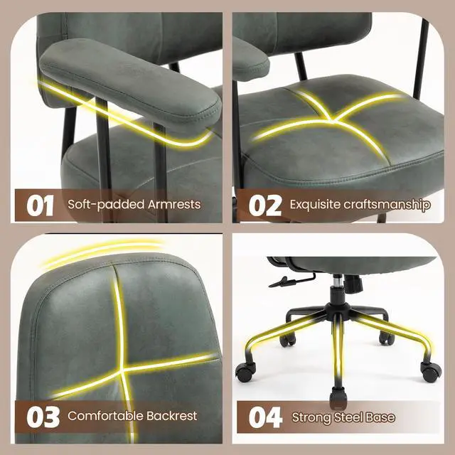 Alt view image 4 of 6 - Home Office Chair, Upholstered Desk Chair with Armrests, Mid Century Modern Comfy Computer Chair with Wheels, Adjustable Faux Leather Desk Chair for Home Office, Green