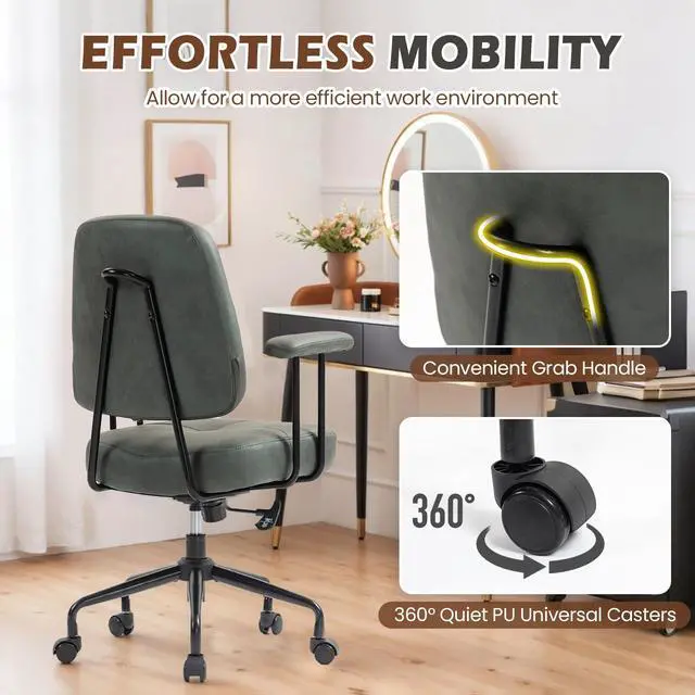 Alt view image 5 of 6 - Home Office Chair, Upholstered Desk Chair with Armrests, Mid Century Modern Comfy Computer Chair with Wheels, Adjustable Faux Leather Desk Chair for Home Office, Green