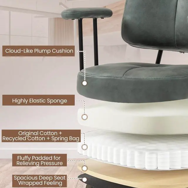 Alt view image 6 of 6 - Home Office Chair, Upholstered Desk Chair with Armrests, Mid Century Modern Comfy Computer Chair with Wheels, Adjustable Faux Leather Desk Chair for Home Office, Green