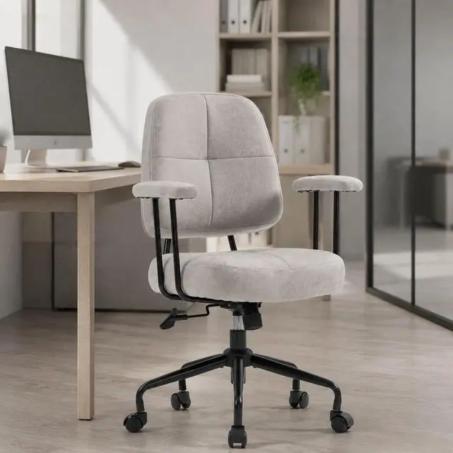 Main image of Home Office Chair, Adjustable Faux Leather Desk Chair for Home Office, Mid Century Modern Comfy Computer Chair with Wheels, Upholstered Desk Chair with Armrests for Home Office, Grey