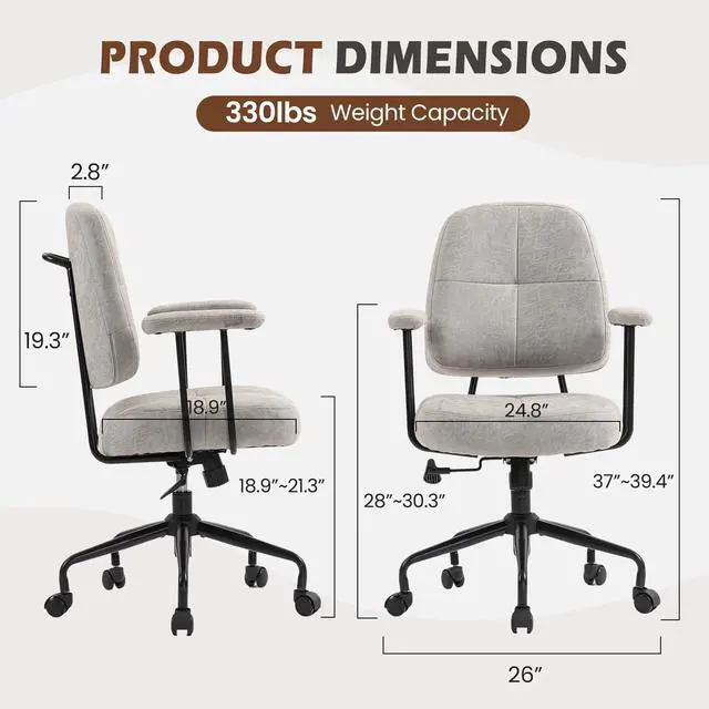 Alt view image 2 of 6 - Home Office Chair, Adjustable Faux Leather Desk Chair for Home Office, Mid Century Modern Comfy Computer Chair with Wheels, Upholstered Desk Chair with Armrests for Home Office, Grey